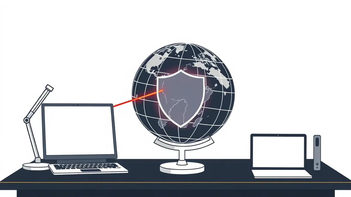 Illustration: A wireframe globe sits on a dark desk.
