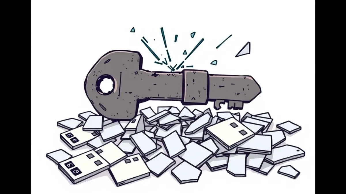 Illustration: A single rusted iron key rests on a pile of scattered university ID cards.
