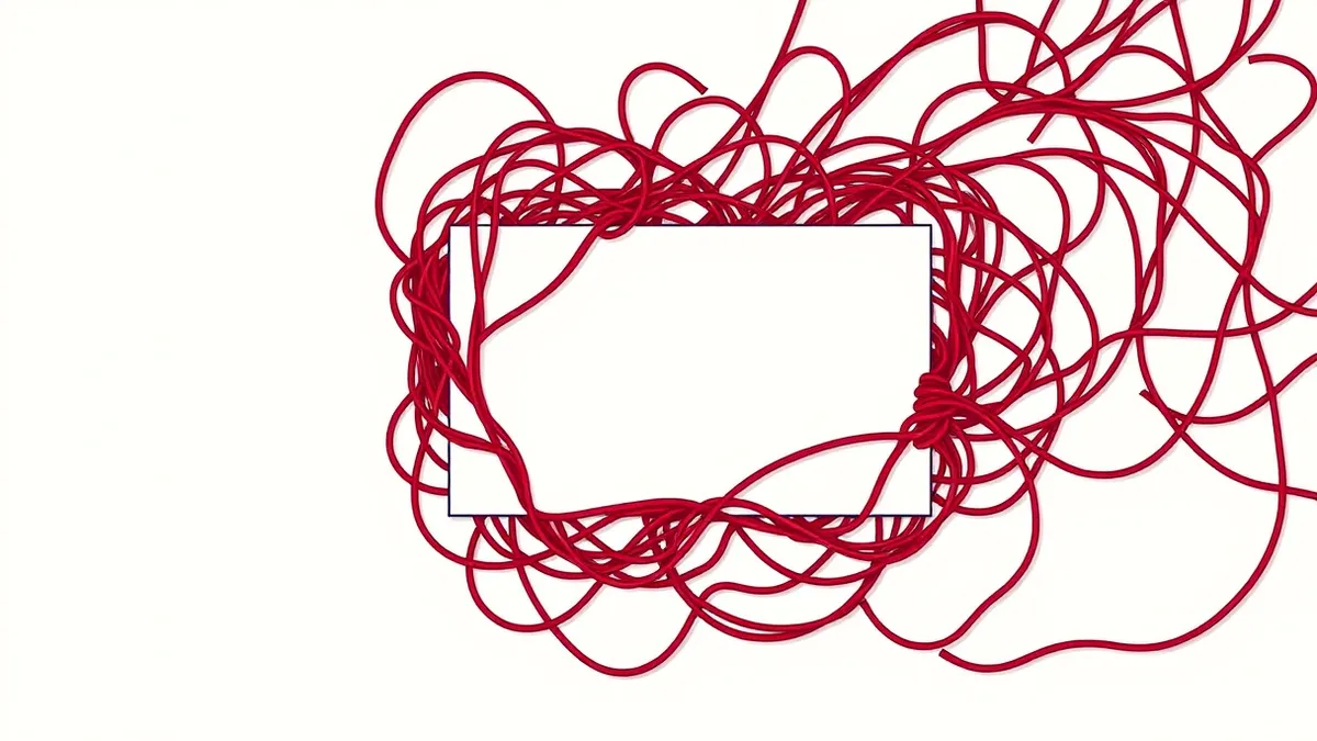 Illustration: A complex knot of tangled red thread tightens around a simple white input box.