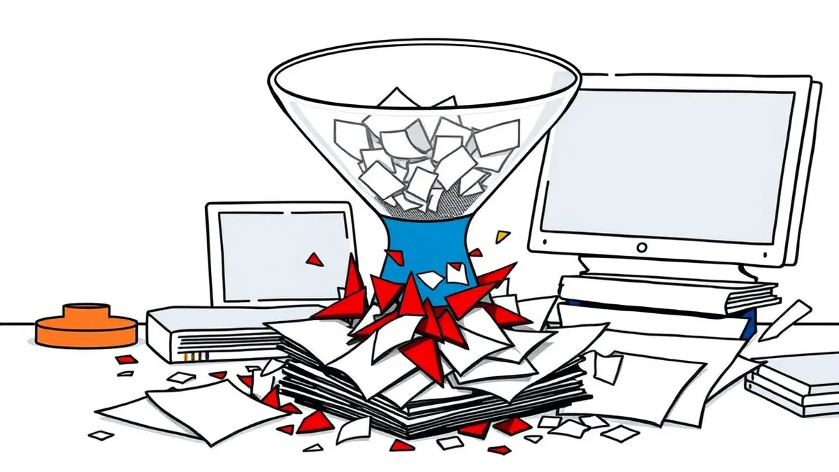 Illustration: A transparent glass funnel sits on a cluttered desk, filtering scattered white paper fragments into a neat blue cylinder.