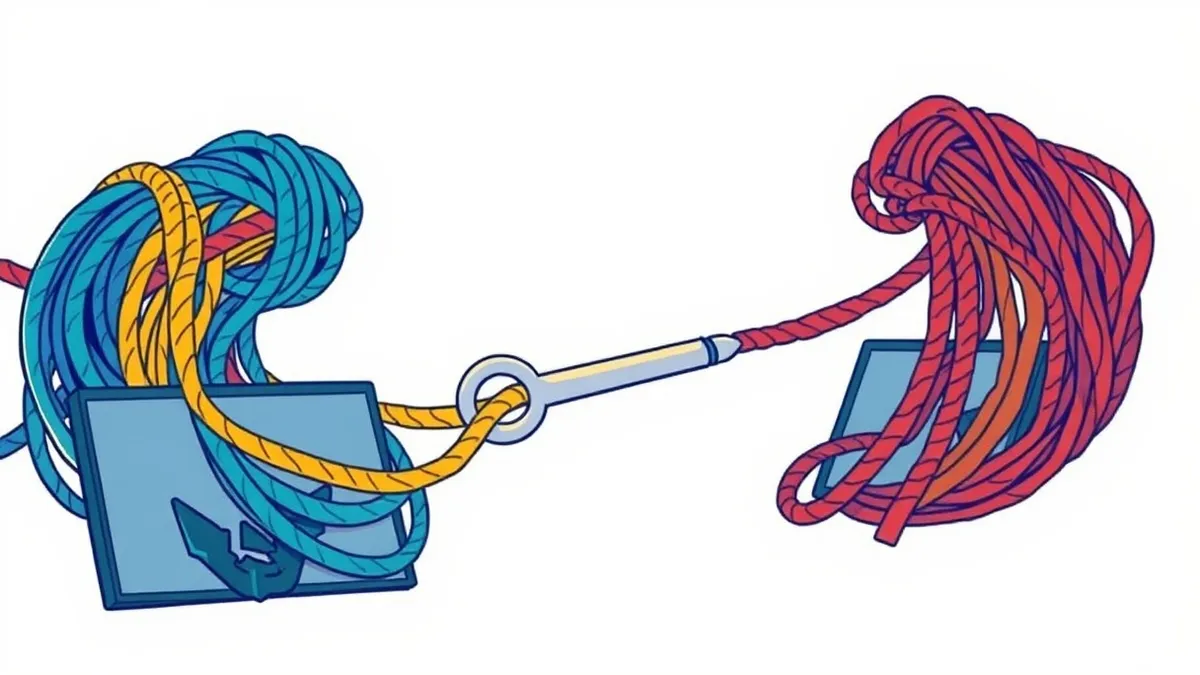 Illustration: A tangled knot of colorful ropes pulls tightly on a single, smooth metal key.
