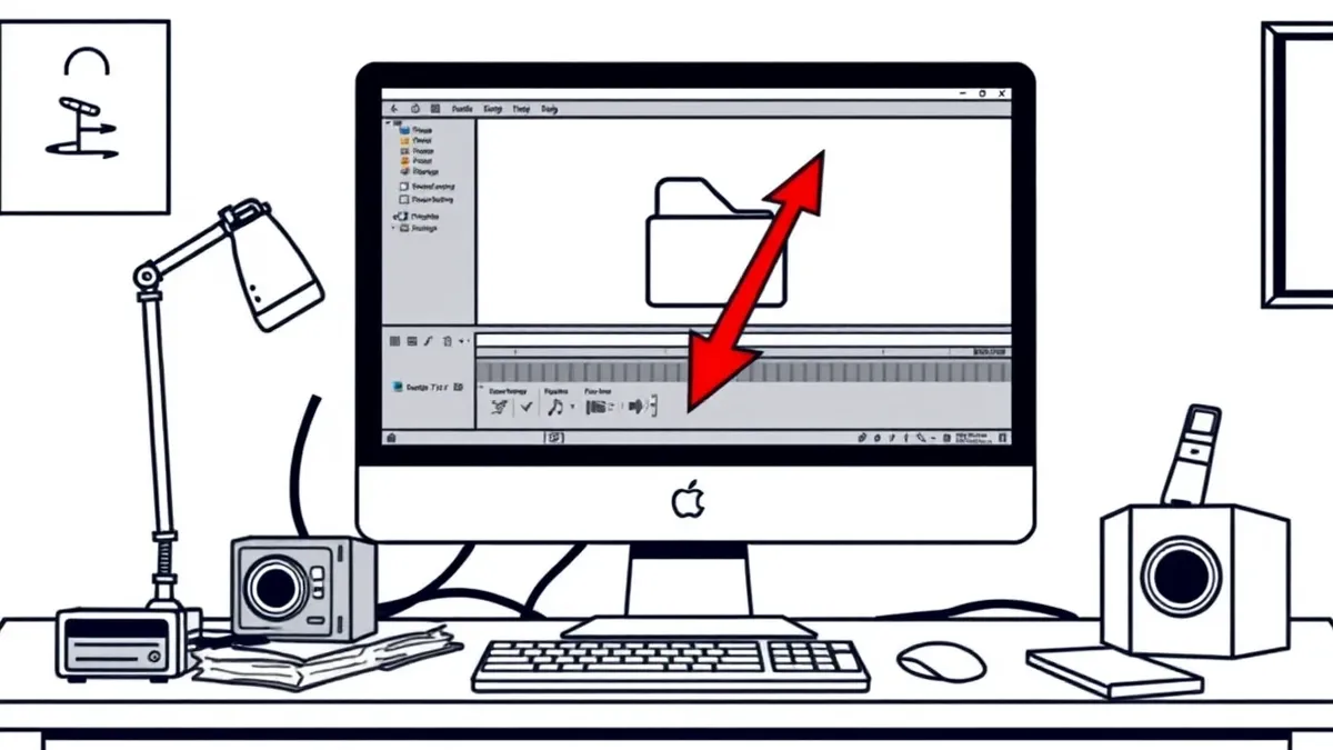 Illustration: A sleek desktop computer sits on a cluttered workbench, its screen displaying a blank audio editing interface with an empty folder icon.
