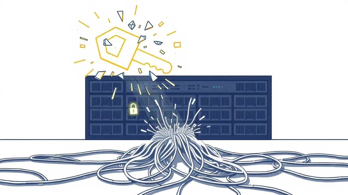 Illustration: A glowing digital key fractures into floating geometric shards above a dormant network hub.