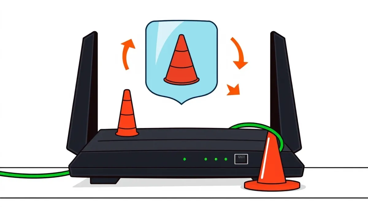 Illustration: A sleek black router sits on a white desk with a red traffic cone blocking its ethernet port.