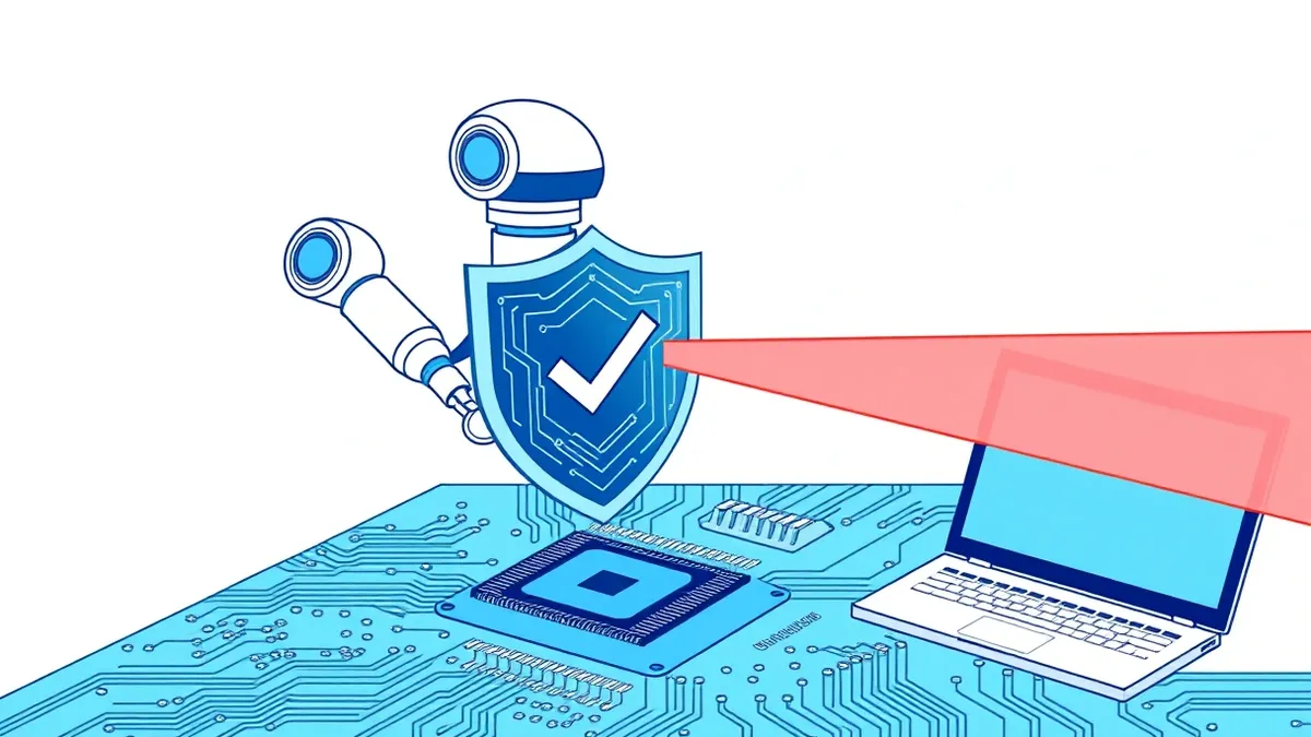 Illustration: A sleek white robot arm hovers over a glowing blue circuit board.