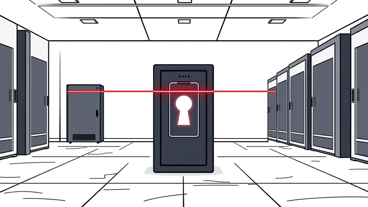 Illustration: A sleek black network appliance sits on a concrete floor in a quiet server room.