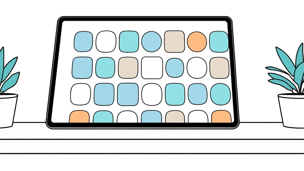 Illustration: A sleek tablet screen displays a grid of abstract geometric shapes in uniform colors and rounded corners, arranged in a rigid, repetitive pattern that suggests automa