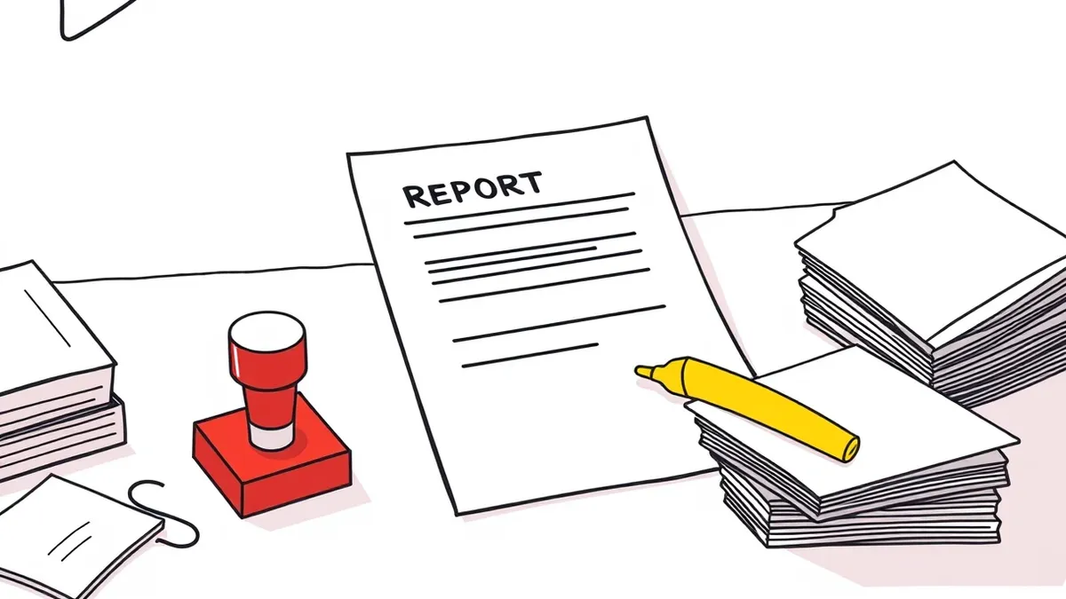 Illustration: A single printed report rests on a cluttered desk beside a red rubber stamp and a stack of identical papers.