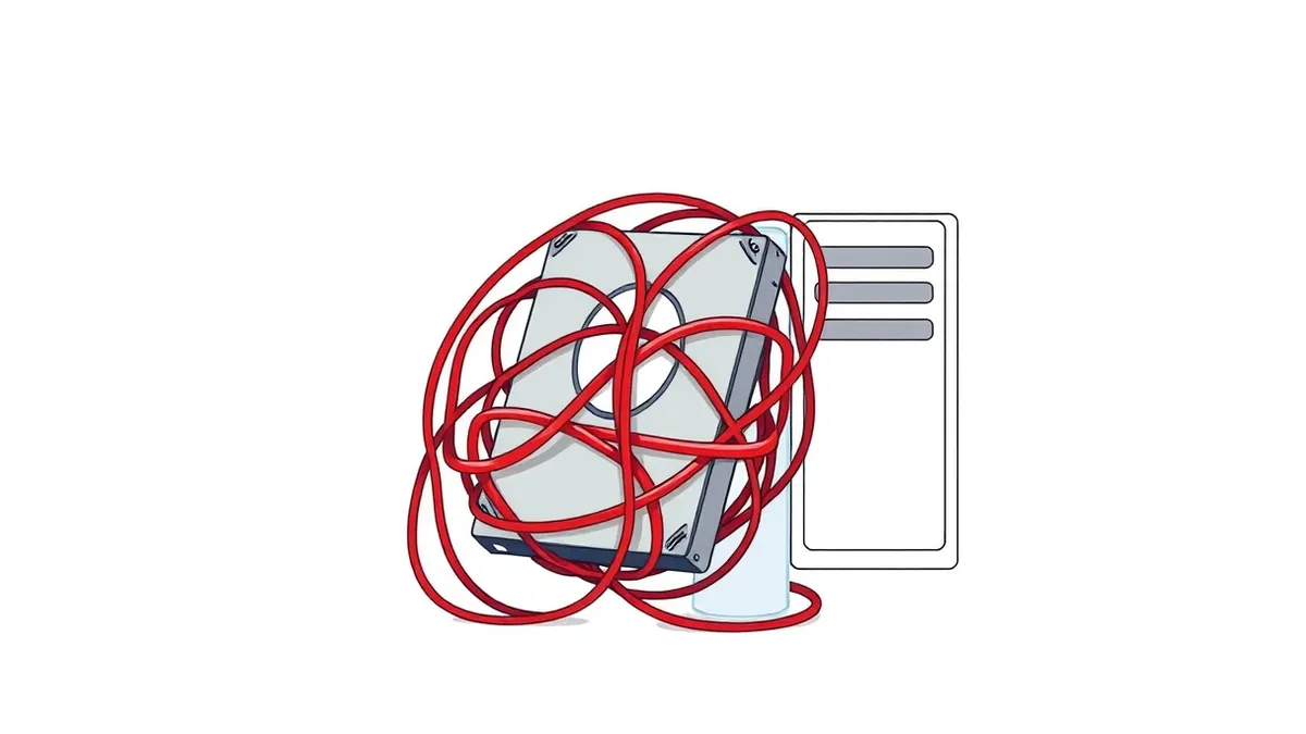 Illustration: A tangled knot of red digital cables wraps tightly around a silver hard drive, sealing it in place.