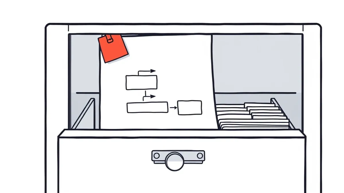 Illustration: A white paper slides from a metal tray into a clean, organized filing cabinet.