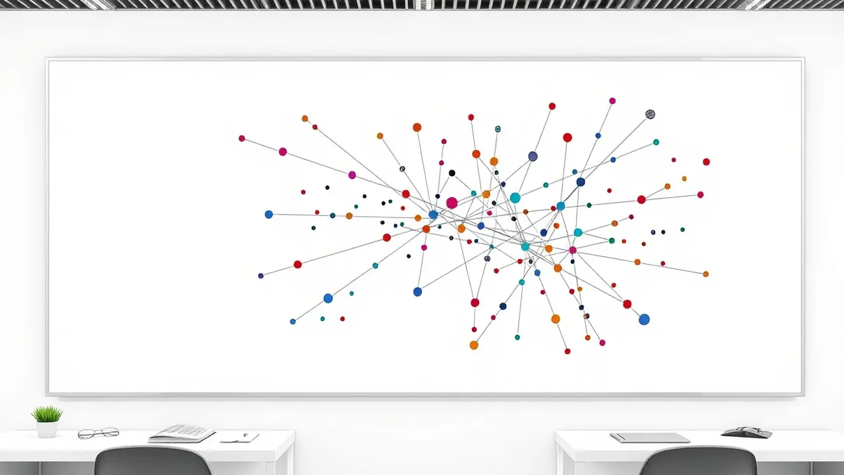Illustration: A large, blank whiteboard displays a complex network of colorful dots connected by thin lines.