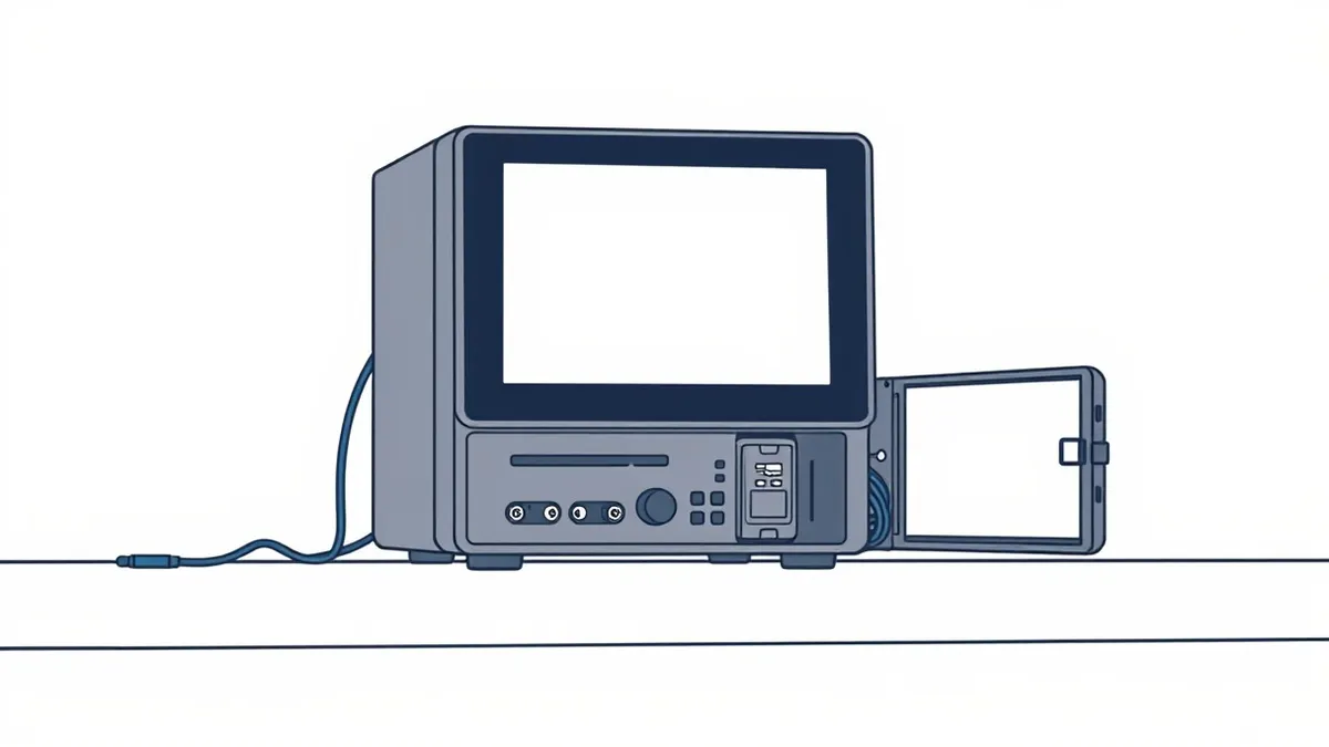 Illustration: A sleek black security appliance sits on a gray desk, its front panel displaying a blank white screen.