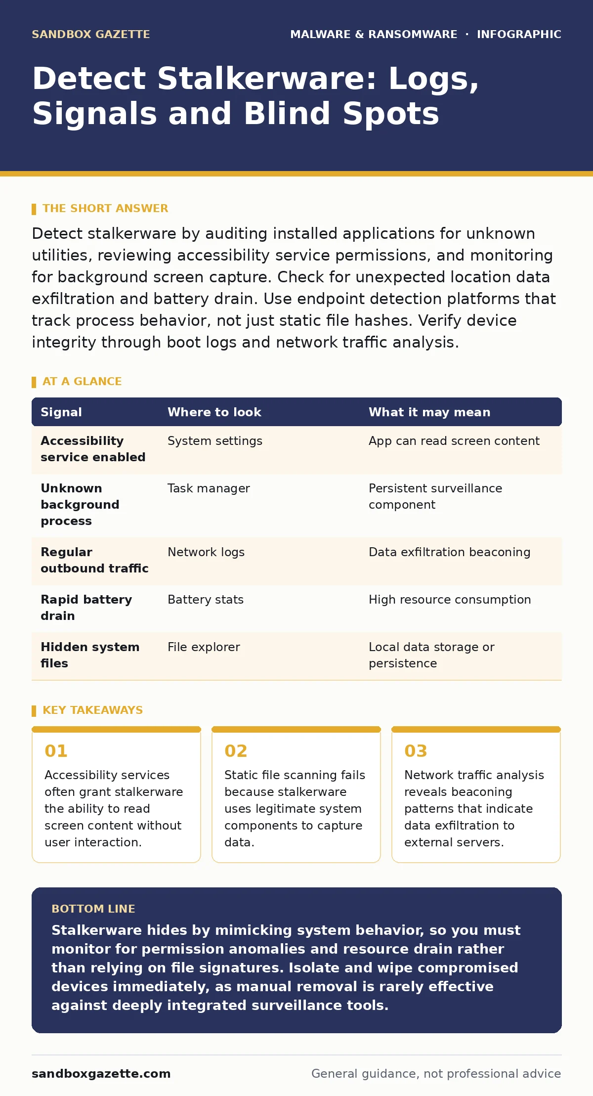 Infographic: Detect Stalkerware: Logs, Signals and Blind Spots. Accessibility services often grant stalkerware the ability to read screen content without user interaction. Static file scanning fails because stalkerware uses legitimate system components to capture data. Network traffic analysis revea