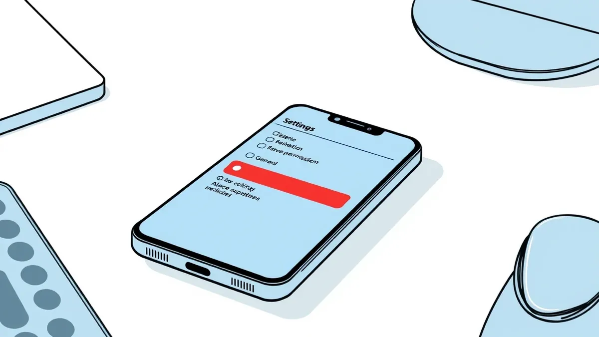Illustration: A smartphone rests on a desk, its screen displaying a generic blue settings menu with a single suspicious permission toggle highlighted in red.