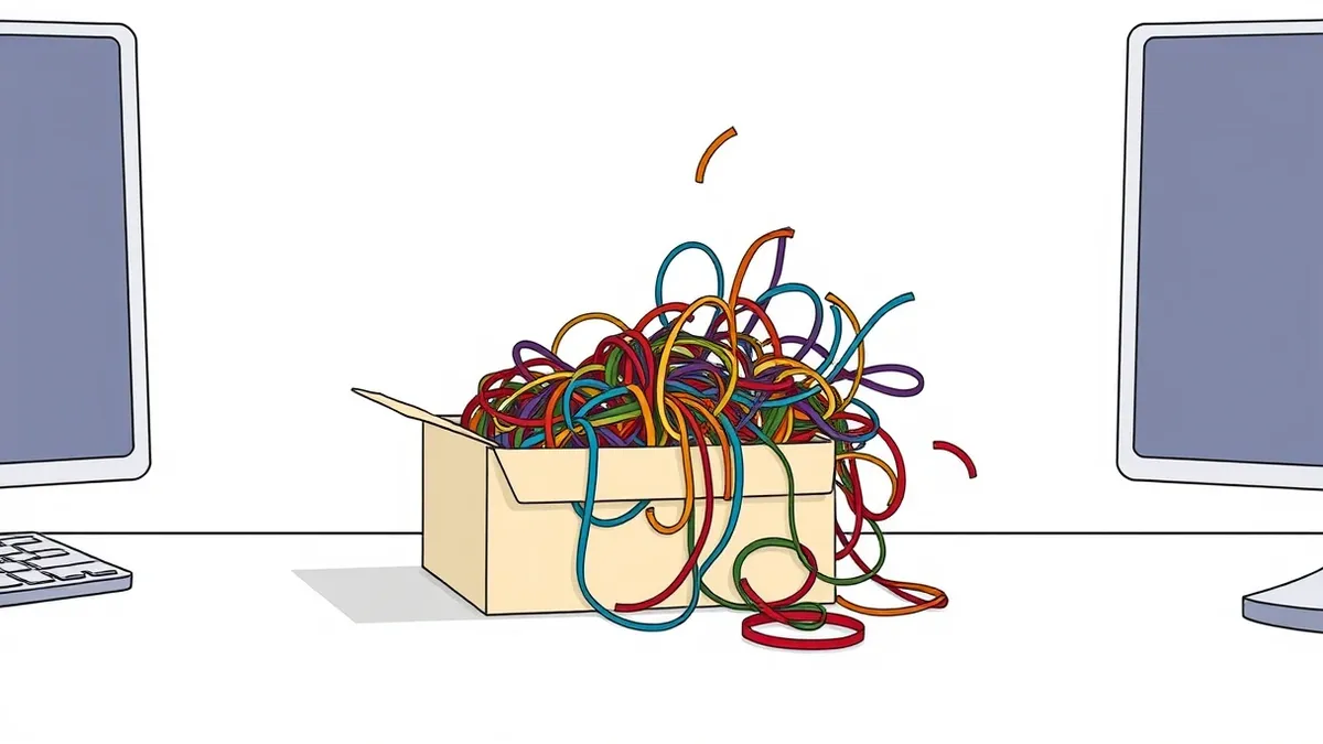 Illustration: A tangled knot of colorful rubber bands spills from a small open cardboard box onto a clean white desk surface, suggesting compressed data unraveling into chaotic and