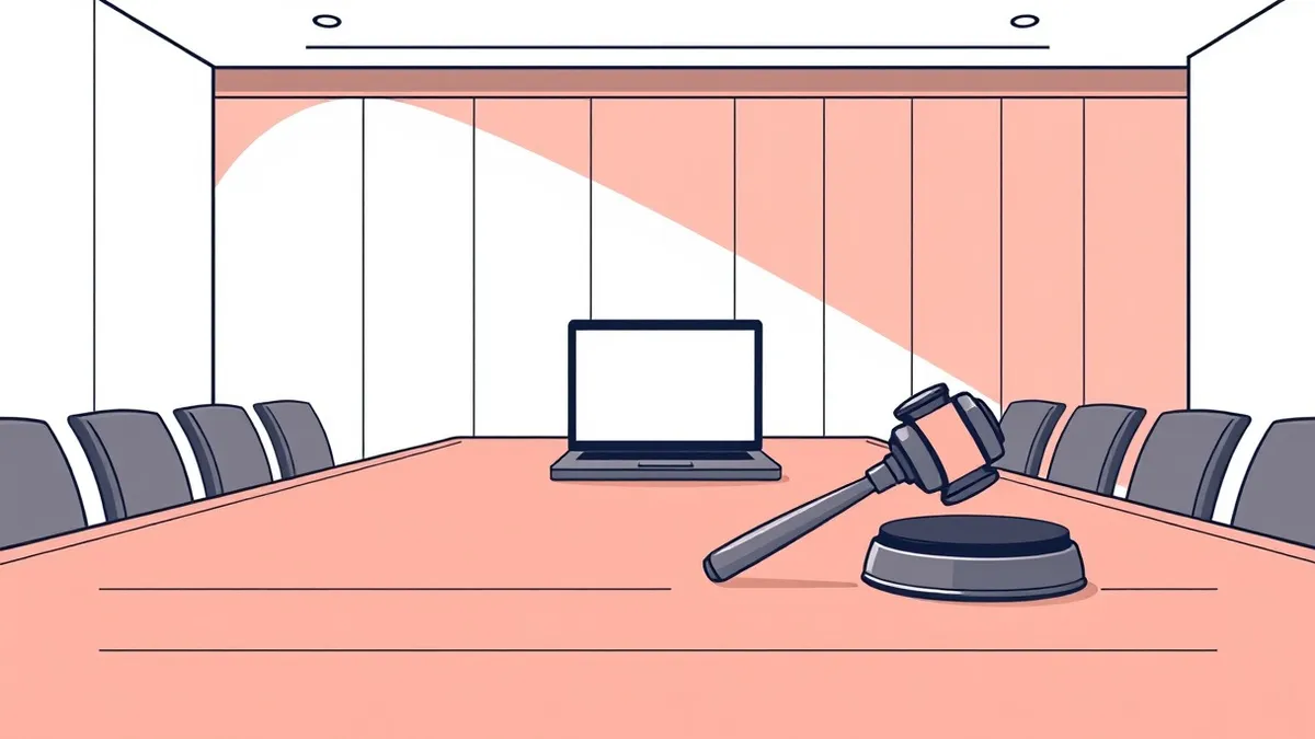 Illustration: A polished wooden table in a government hearing room holds a single sleek black laptop with a blank screen.