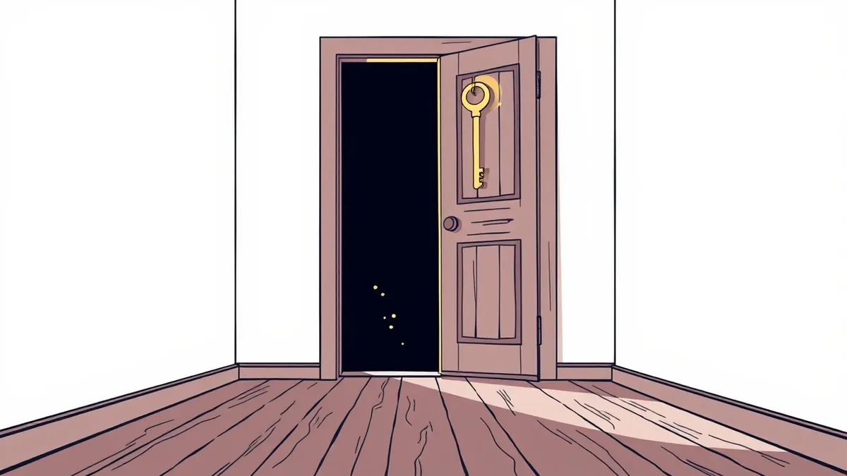 Illustration: A cracked wooden door stands slightly ajar in a dimly lit hallway, revealing a dark interior.