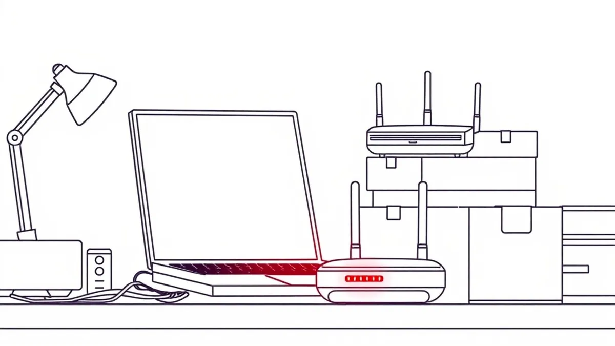 Illustration: An open laptop sits on a cluttered desk, its blank screen emitting a harsh white glow that spills onto a nearby stack of cardboard shipping boxes.
