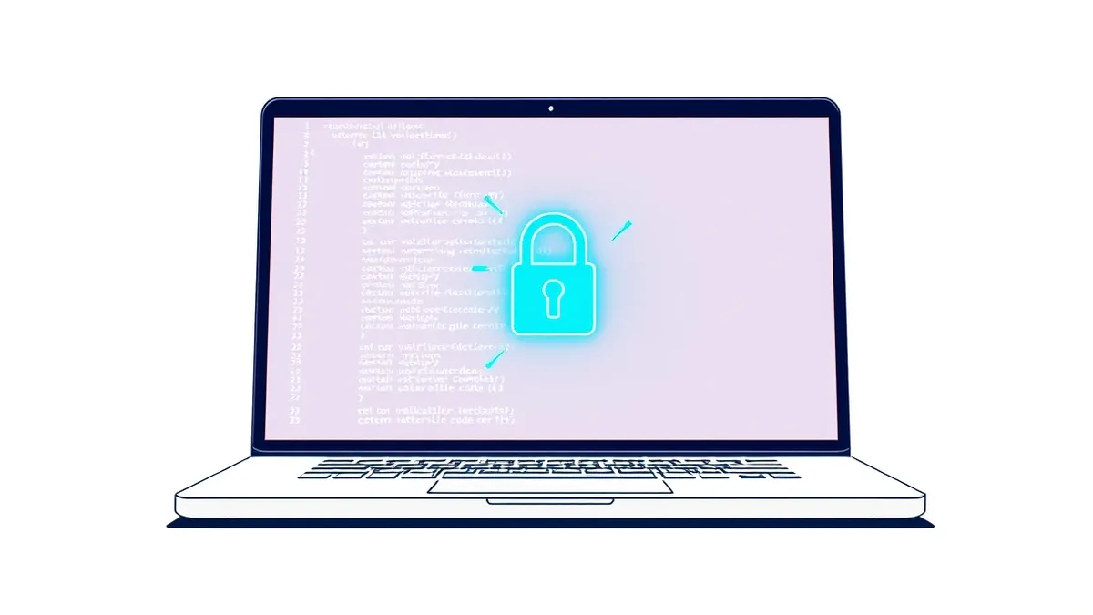 Illustration: A sleek laptop displays lines of abstract code on a blank screen, surrounded by glowing digital puzzle pieces that snap into place to form a secure lock.