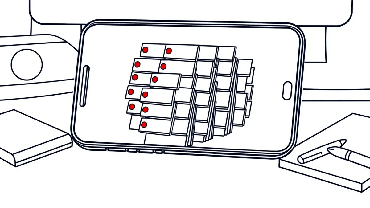 Illustration: A smartphone rests on a dark desk, its screen displaying a cascade of identical blank notification cards stacked in a chaotic tower.