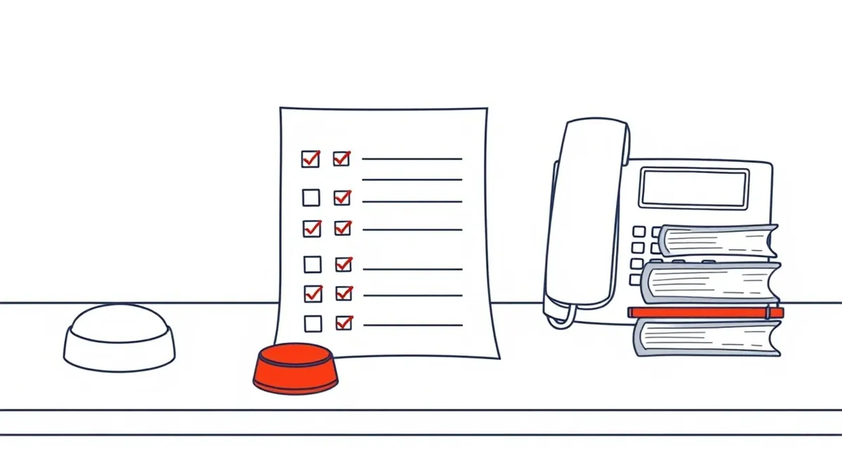 Illustration: A clean desk holds a printed checklist with blank lines and checkboxes.