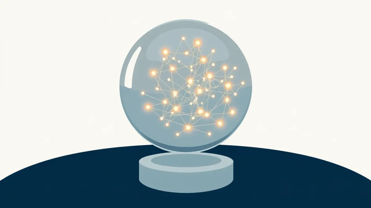 Illustration: A translucent glass sphere floats above a dark table, revealing intricate internal layers of glowing nodes.
