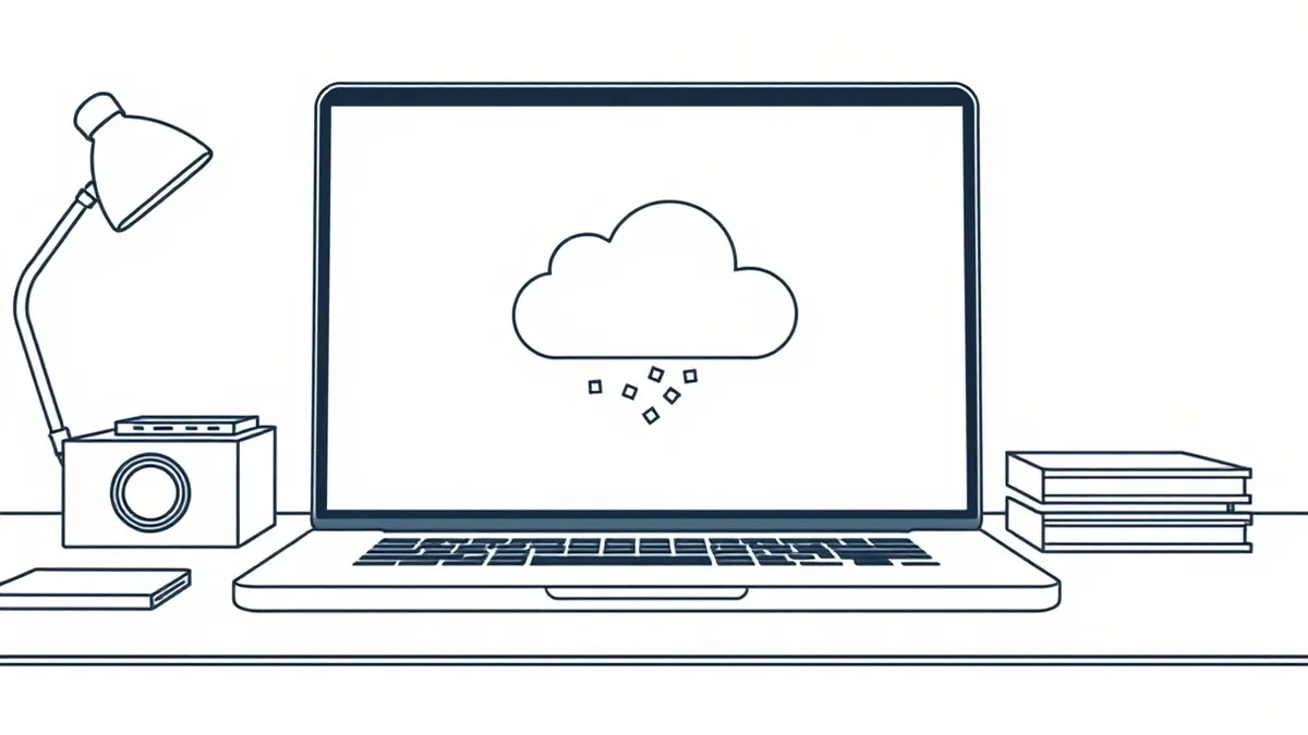 Illustration: A sleek laptop sits on a clean desk, its screen displaying a generic cloud storage interface with a single large block that is visibly shrinking and fragmenting into