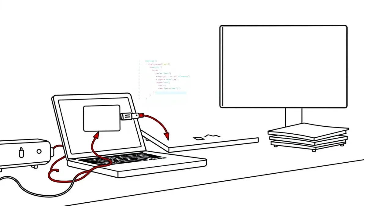Illustration: A cluttered desk holds an open laptop displaying a blank code editor window.