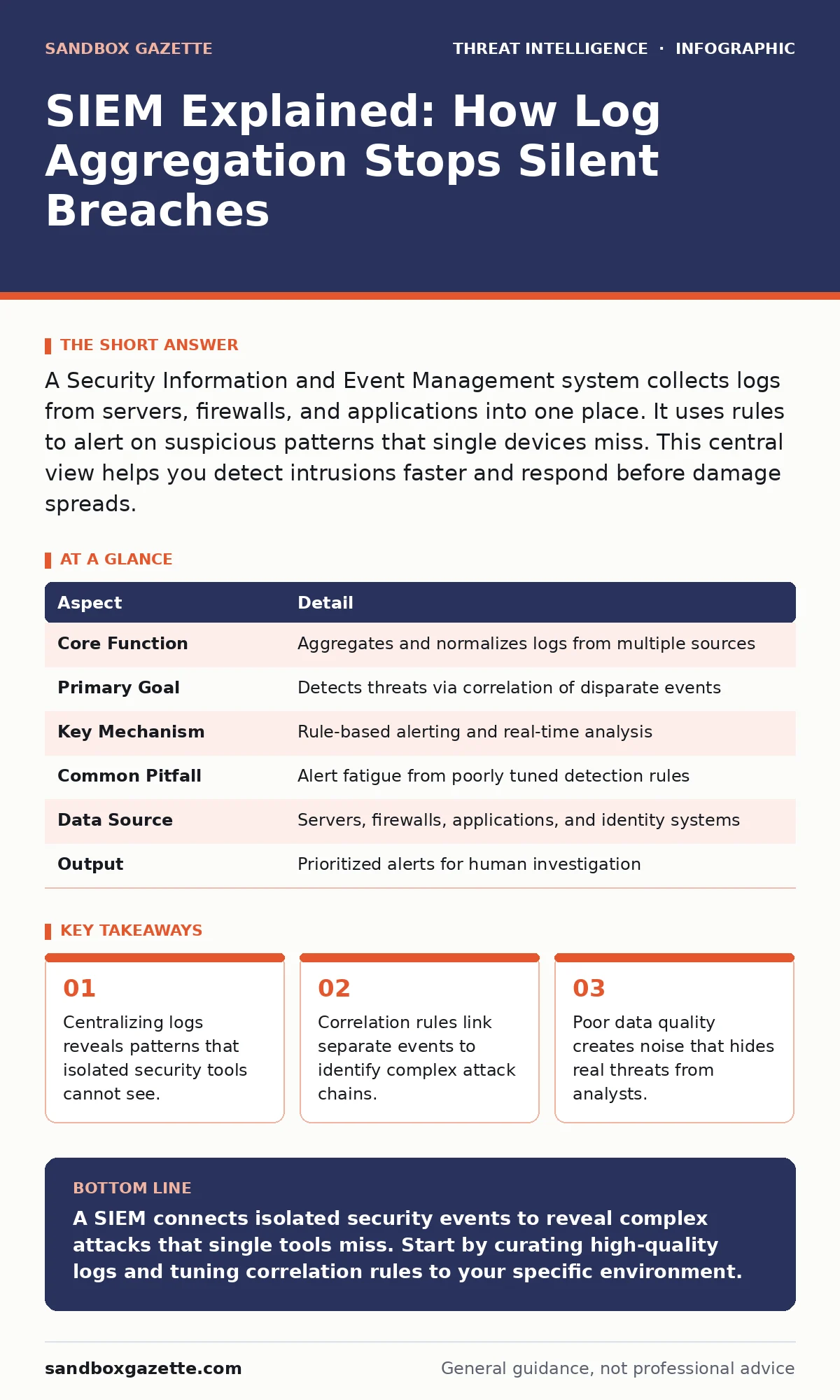 Infographic: SIEM Explained: How Log Aggregation Stops Silent Breaches. Centralizing logs reveals patterns that isolated security tools cannot see. Correlation rules link separate events to identify complex attack chains. Poor data quality creates noise that hides real threats from analysts.