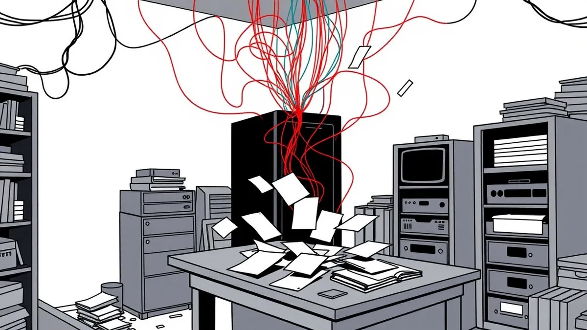 Illustration: A dark, cluttered room contains a single sleek black server box.