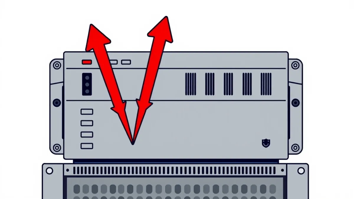 Illustration: A gray network security appliance sits on a metal rack, its front panel featuring blank status lights and empty ventilation slots.