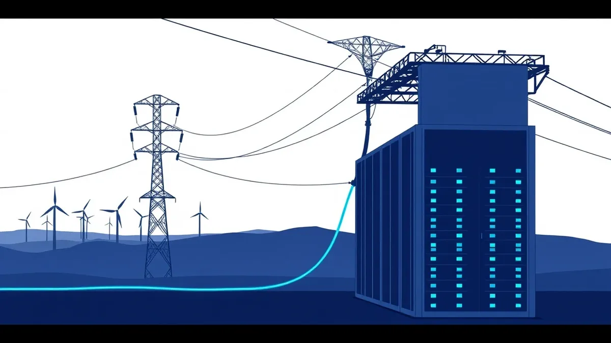 Illustration: A vast high-voltage transmission tower stands against a twilight sky, connecting distant wind turbines to a sleek, windowless data center.