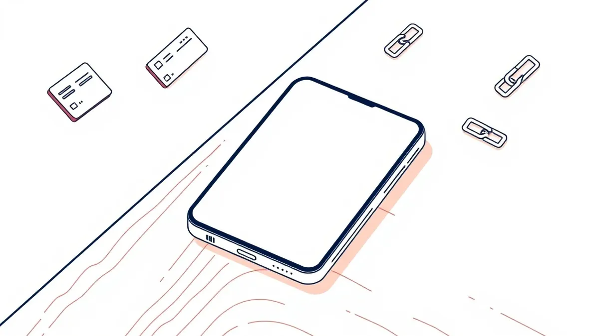 Illustration: A single sleek smartphone rests on a polished wooden table, its screen displaying a blank white chat interface with a single pulsing cursor.