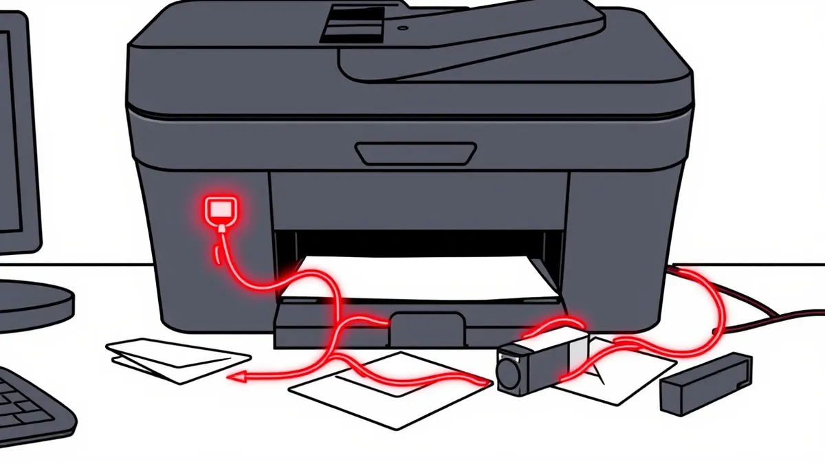Illustration: A sleek black office printer sits on a polished desk, its paper tray open and empty.