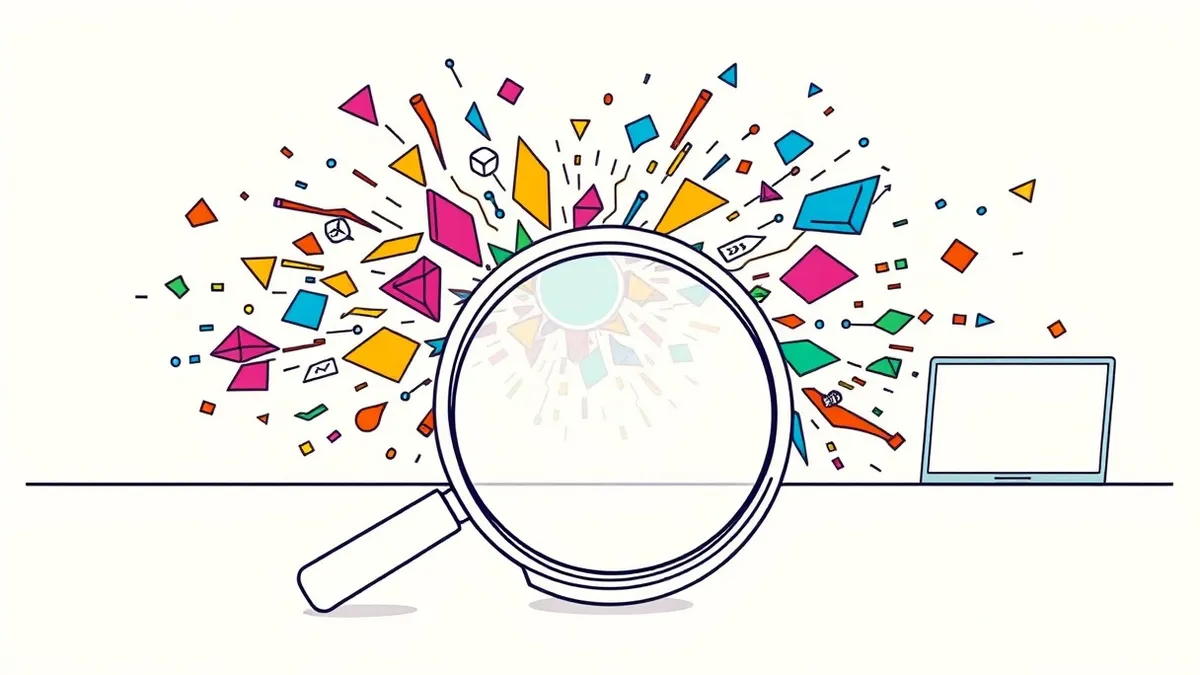 Illustration: A single, worn magnifying glass rests helplessly on a swirling, abstract digital storm of shifting geometric shapes and vibrant colors.