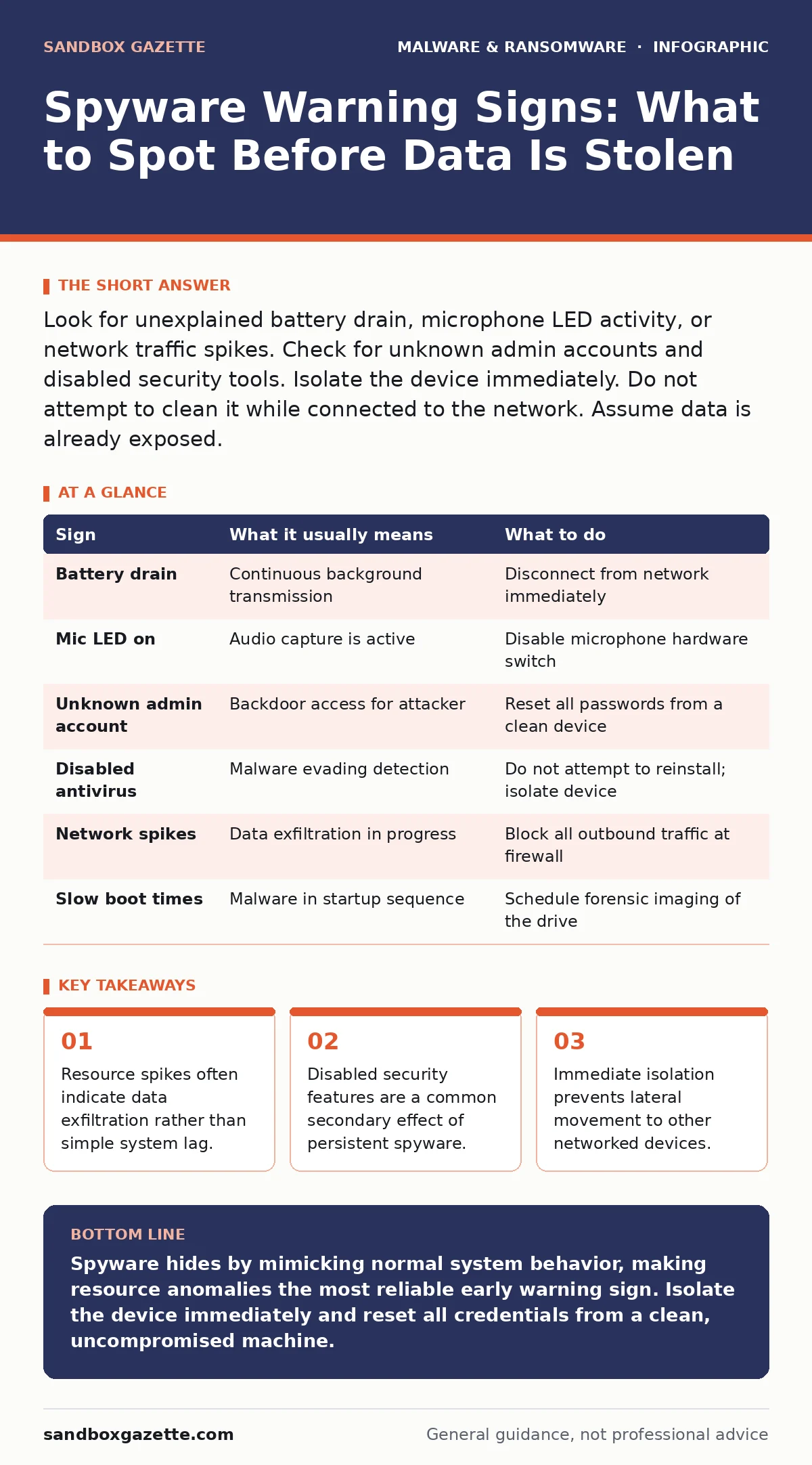 Infographic: Spyware Warning Signs: What to Spot Before Data Is Stolen. Resource spikes often indicate data exfiltration rather than simple system lag. Disabled security features are a common secondary effect of persistent spyware. Immediate isolation prevents lateral movement to other networked dev