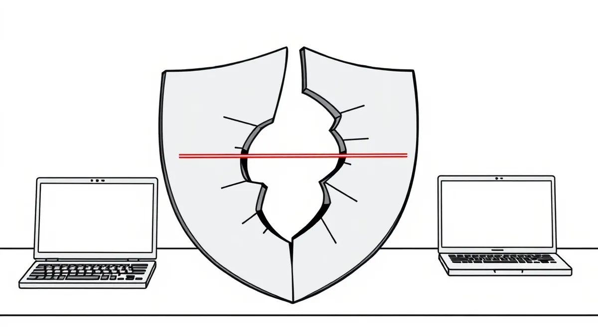 Illustration: A cracked gray shield rests on a sterile white table, its surface split by a jagged fissure that reveals a hollow interior.