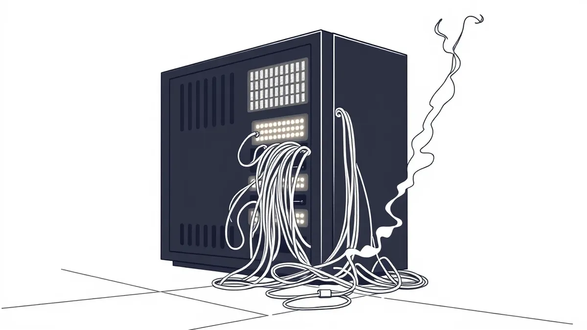 Illustration: A sleek black server tower sits isolated on a concrete floor, its ventilation grilles glowing with intense white heat.