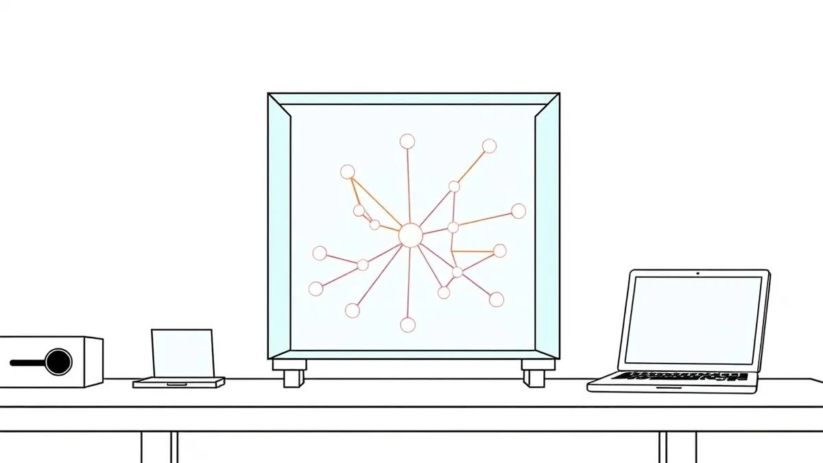 Illustration: A transparent glass cube sits on a desk, containing glowing geometric shapes that trace clear, visible paths from input to output.