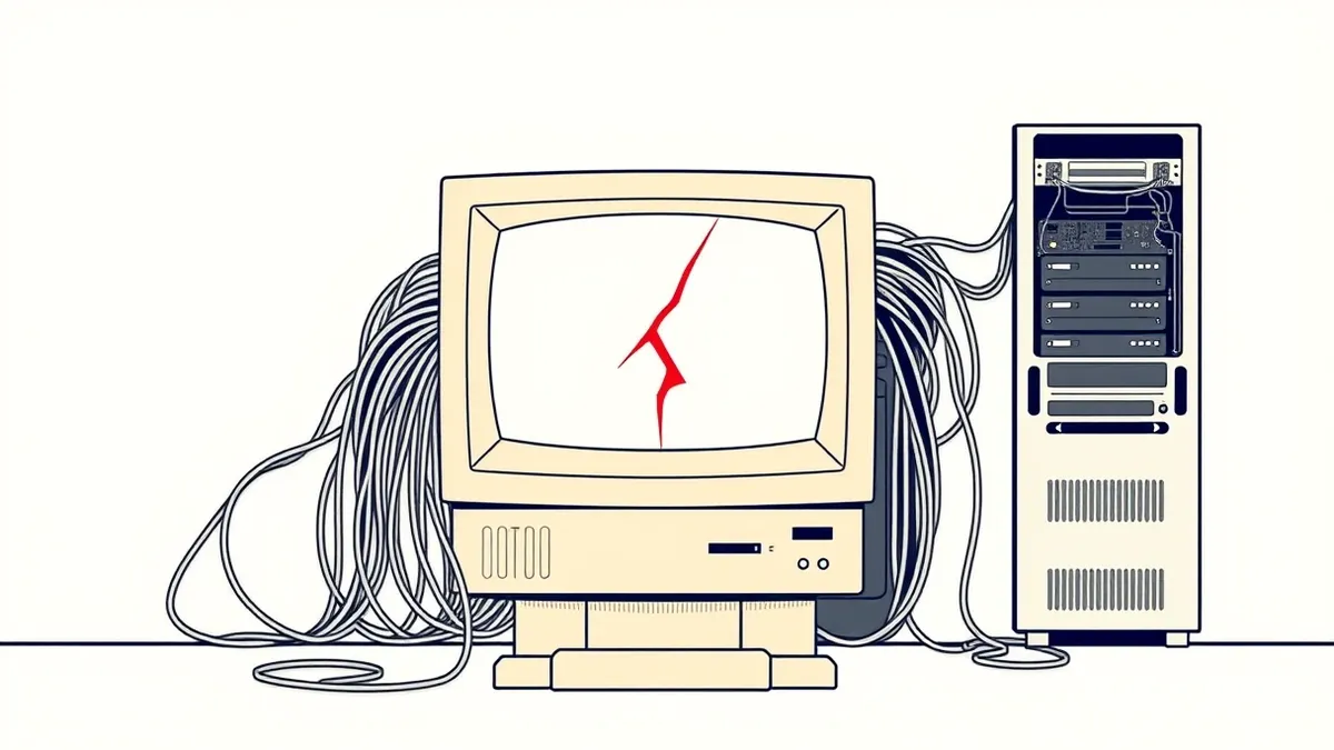 Illustration: A dusty beige mainframe terminal sits in a quiet room, its blank screen reflecting a single, jagged red crack spreading across the glass.