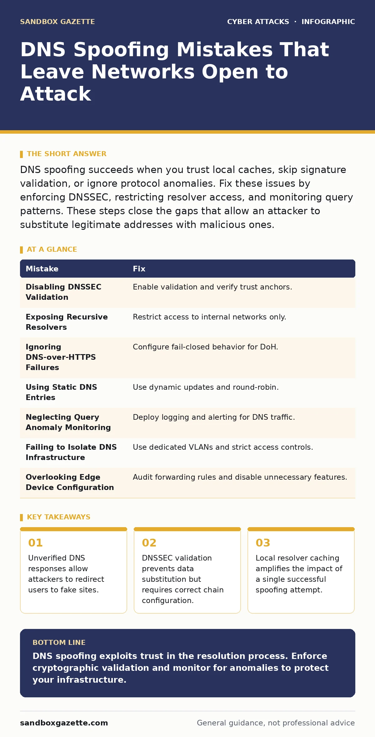 Infographic: DNS Spoofing Mistakes That Leave Networks Open to Attack. Unverified DNS responses allow attackers to redirect users to fake sites. DNSSEC validation prevents data substitution but requires correct chain configuration. Local resolver caching amplifies the impact of a single successful s