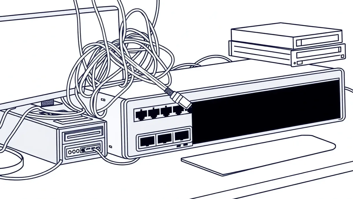 Illustration: A tangle of fiber optic cables connects to a sleek network switch on a cluttered desk.
