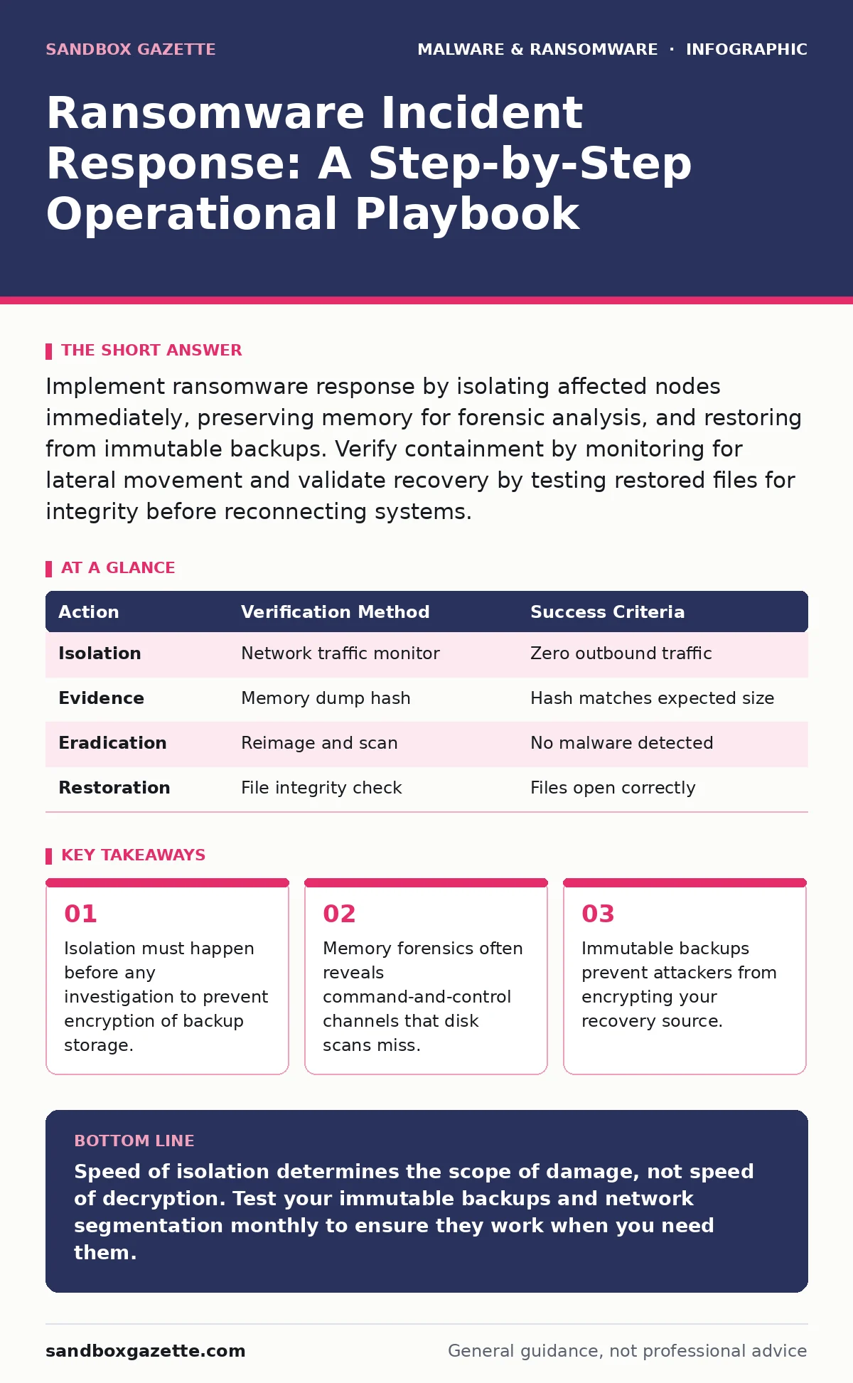 Infographic: Ransomware Incident Response: A Step-by-Step Operational Playbook. Isolation must happen before any investigation to prevent encryption of backup storage. Memory forensics often reveals command-and-control channels that disk scans miss. Immutable backups prevent attackers from encryptin