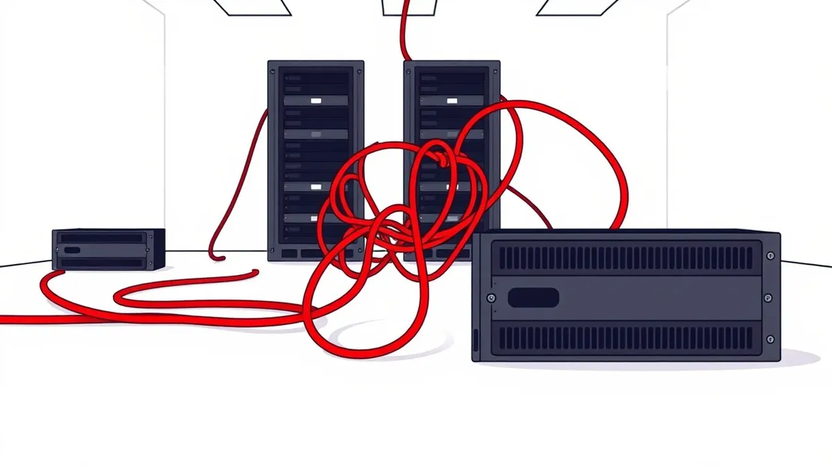 Illustration: A tangled red cable snakes across a clean white server room floor, connecting a central hub to multiple isolated black drives.