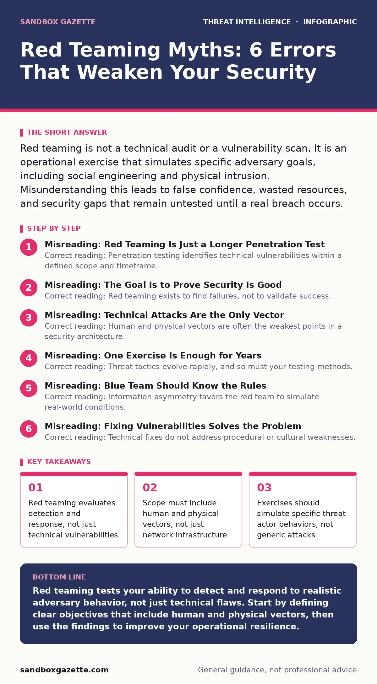 Infographic: Red Teaming Myths: 6 Errors That Weaken Your Security. Red teaming evaluates detection and response, not just technical vulnerabilities Scope must include human and physical vectors, not just network infrastructure Exercises should simulate specific threat actor behaviors, not generic a
