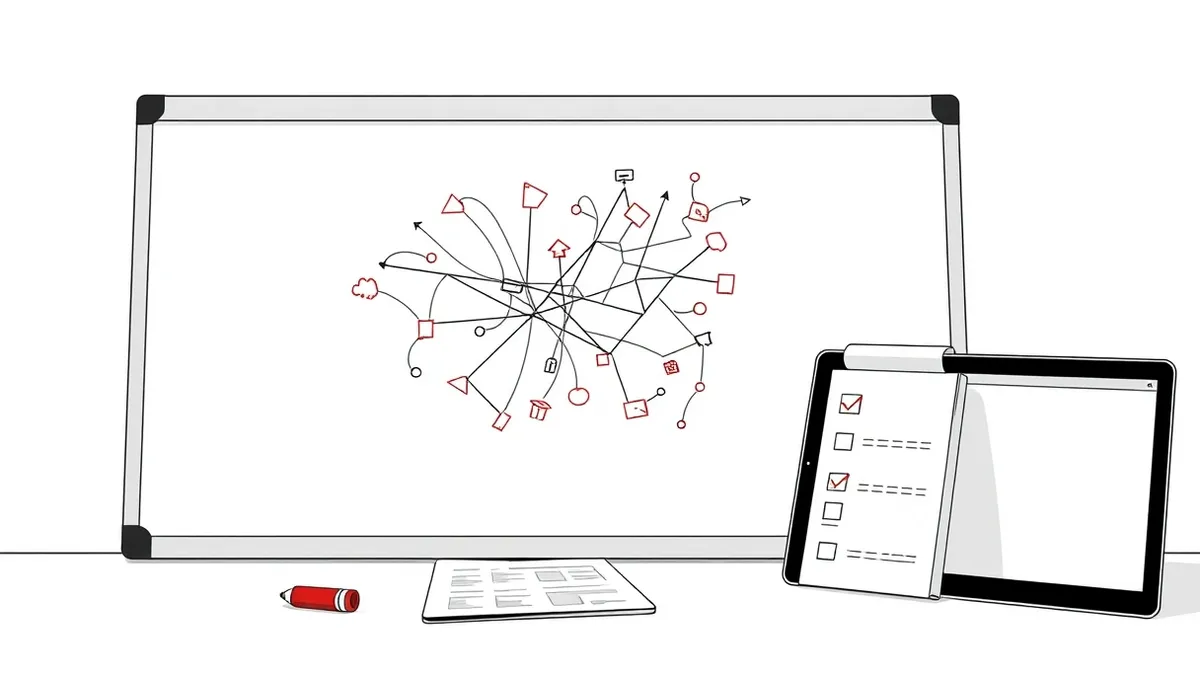 Illustration: A blank whiteboard displays a tangled web of abstract lines connecting generic shapes.