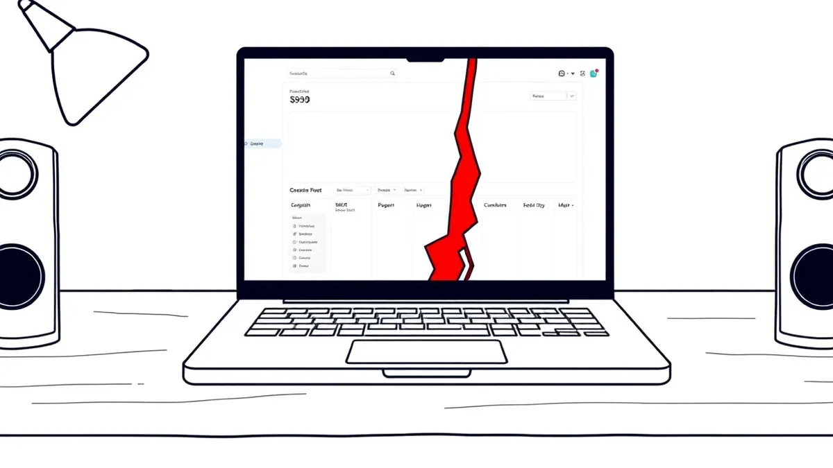 Illustration: An open laptop sits on a wooden desk, its screen displaying a blank e-commerce dashboard interface.