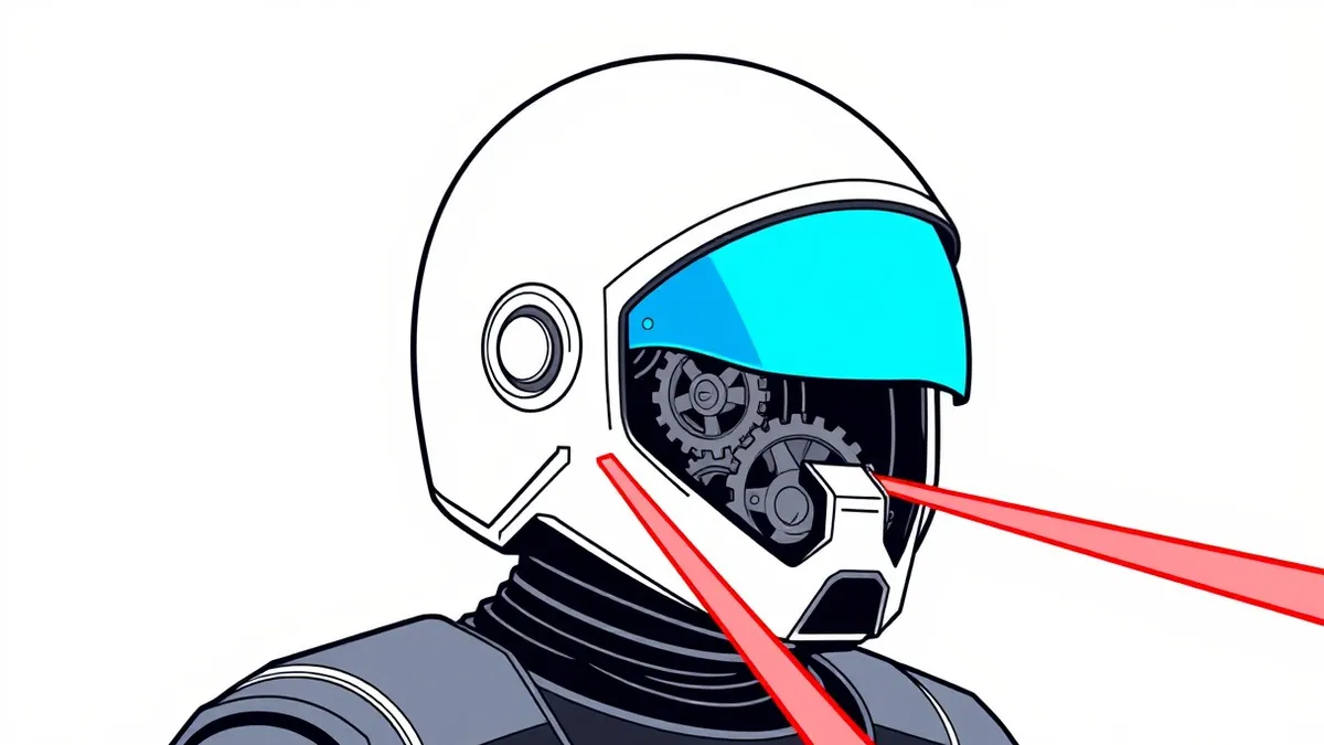 Illustration: A sleek white helmet with a glowing blue visor shields a complex metallic gear mechanism from incoming red laser beams in a dark void.