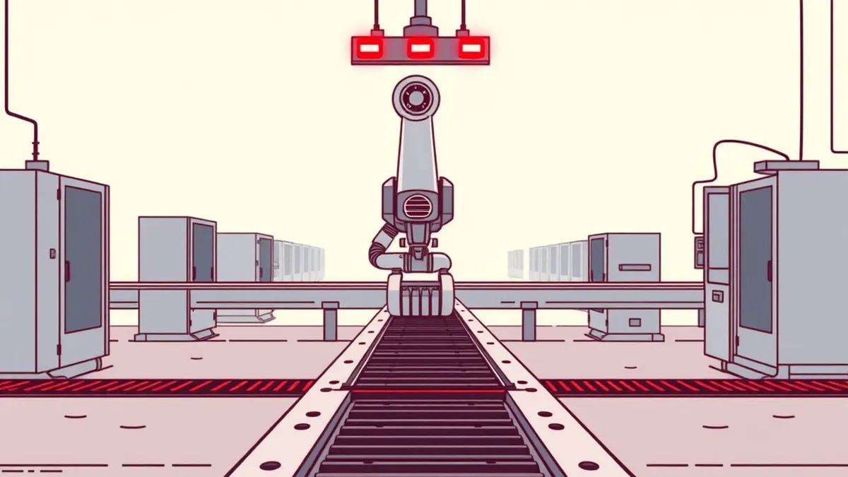 Illustration: A robotic arm hangs motionless on a factory assembly line.