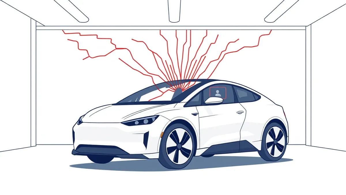Illustration: A sleek autonomous vehicle sits motionless in a dim garage, its windshield reflecting chaotic red network lines that converge on a cracked smartphone displaying a bro
